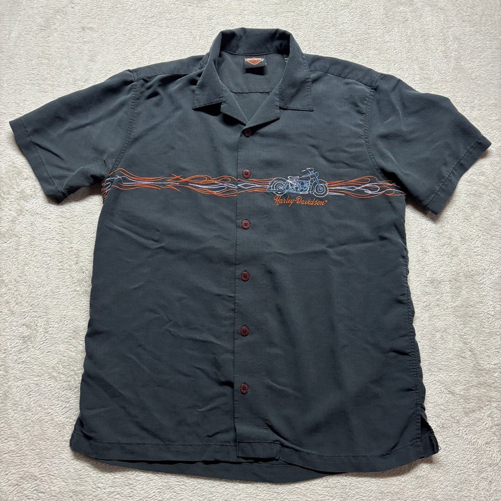 Harley-Davidson x Tori Richard Shirt Mens M Black Embroidered Flame Rayon EUC